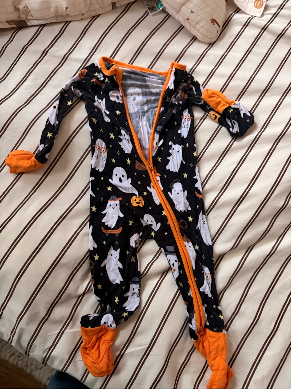 Little Sleepies Black & Orange Ghost Print Footed One-Piece